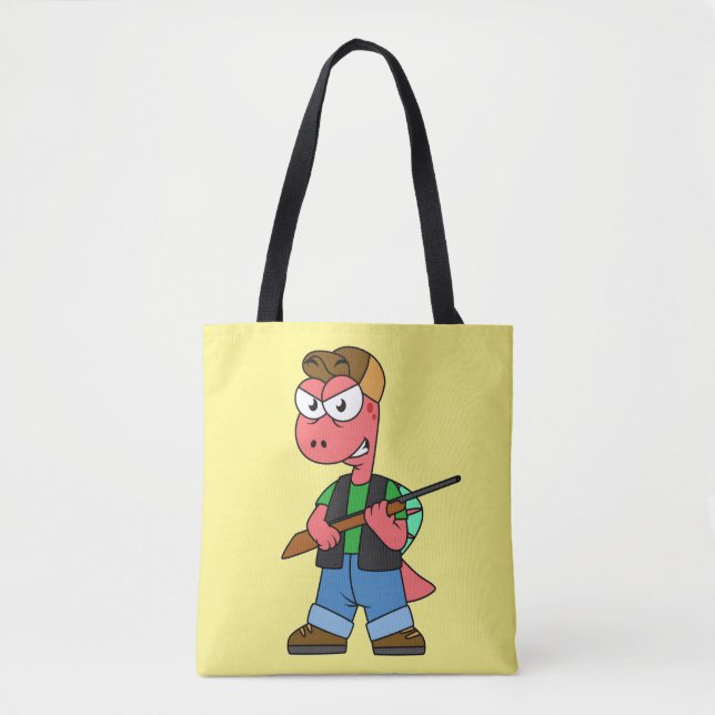 Bolsa Tote Ilustração De Um Caçador De Espinossauro Com Arma. (Frente)