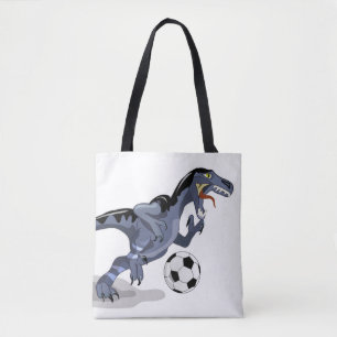 Bolsa Tote Ilustração De Um Dinossauro Raptor Jogando Futebol