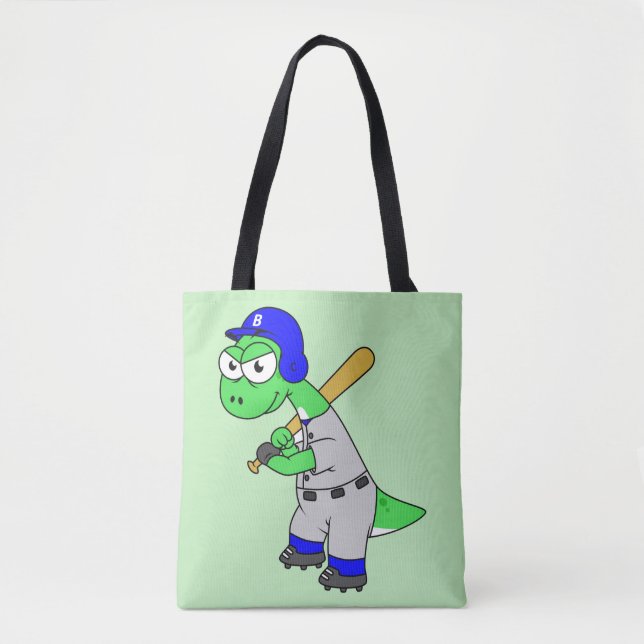 Bolsa Tote Ilustração De Um Jogador De Beisebol Brontossauro. (Frente)