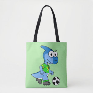 Bolsa Tote Ilustração De Um Parasaurolofo Jogando Futebol.