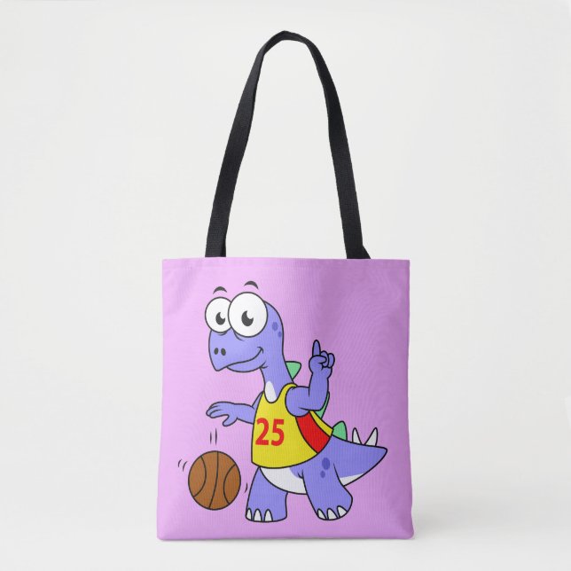 Bolsa Tote Ilustração De Um Stegossauro Jogando Basquete. (Frente)