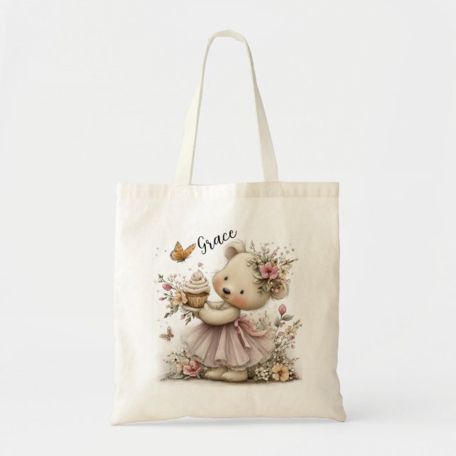Bolsa Tote Ilustração de Urso Floral Doce com Charme de Cupca (Frente)