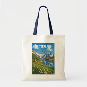 Bolsa Tote Ilustração de Vaca Vacas Suíças Arte de Viagem Ret