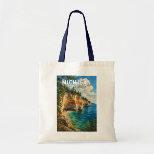 Bolsa Tote Ilustração de Viagem de Arte Vintage Michigan