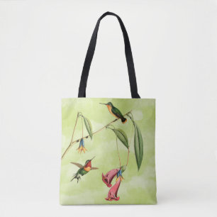 Bolsa Tote Ilustração do colibri do vintage no verde
