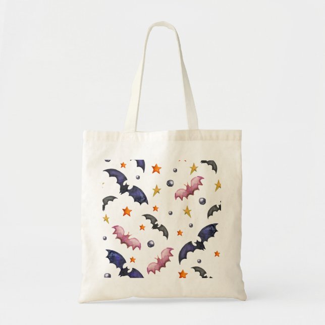 Bolsa Tote Ilustração do Dia das Bruxas com morcegos e estrel (Frente)