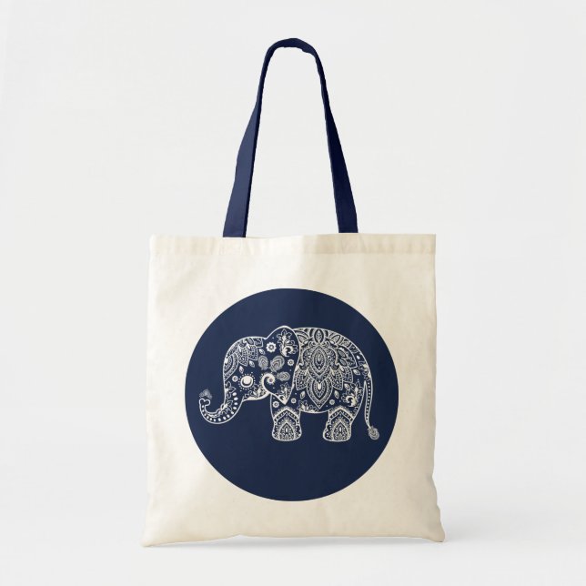 Bolsa Tote Ilustração Do Elefante De Paisley Branco No Círcul (Frente)