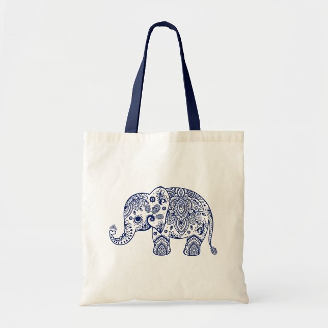 Bolsa Tote Ilustração do Elefante Floral de Paisley Azul-Boni (Frente)