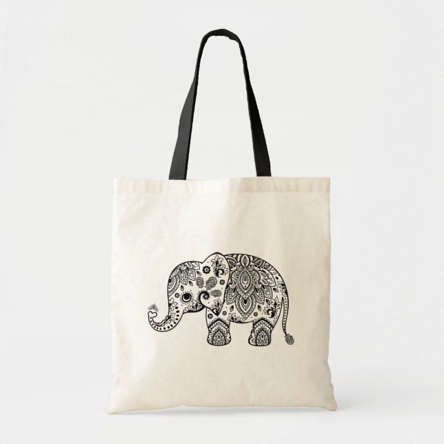 Bolsa Tote Ilustração do Elefante Floral Negro Bonito. (Frente)