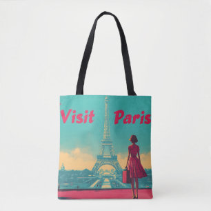Bolsa Tote Ilustração do Viagem da Torre Eiffel Retro com Car