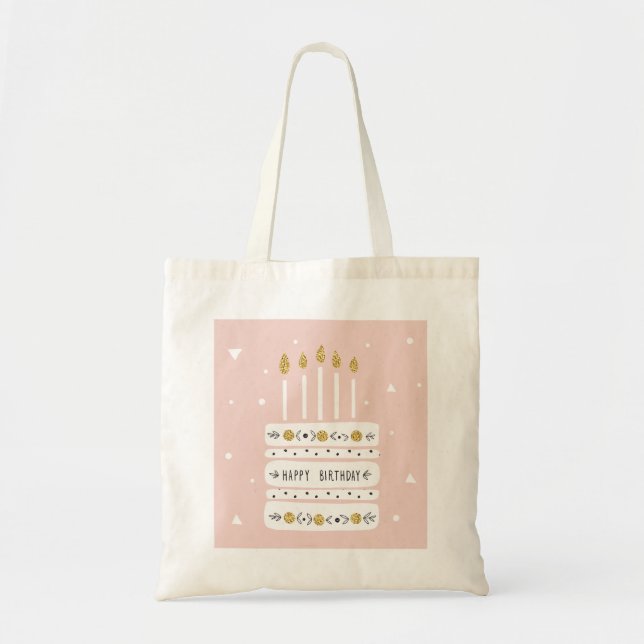 Bolsa Tote Ilustração Dourada de Bolo de Aniversário do Paste (Frente)