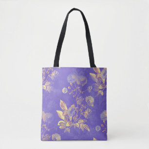 Bolsa Tote Ilustração Dourada Floral Azul Elegante Vintage