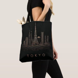 Bolsa Tote Ilustração Elegante da Cidade de Tóquio em Dourado