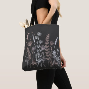 Bolsa Tote Ilustração Floral do Céu Noturno Boho – Lua, Estre