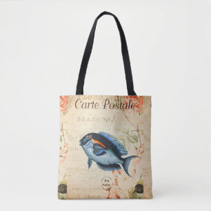 Bolsa Tote Ilustração Floral Francesa de Peixes Azuis Vintage