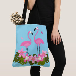 Bolsa Tote Ilustração Floral Tropical de Flamingos Rosa