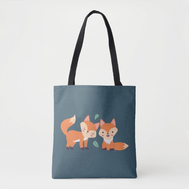 Bolsa Tote Ilustração Gráfica De Raposas Laranja Cuta (Frente)