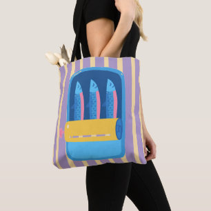 Bolsa Tote Ilustração Retro de Lata de Sardinha Listrada