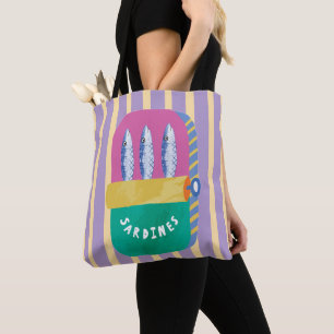 Bolsa Tote Ilustração Retro de Lata de Sardinha Listrada