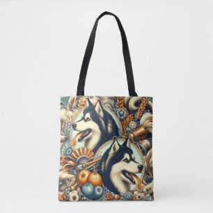 Bolsa Tote Ilustração Retro Siberian Husky
