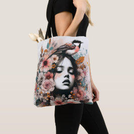 Bolsa Tote Ilustração Romântica de Mulher com Flores e Pássar