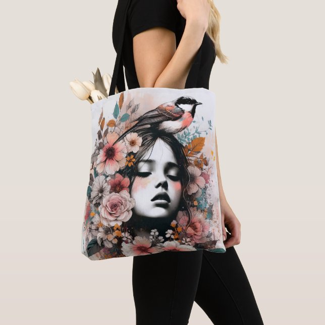 Bolsa Tote Ilustração Romântica de Mulher com Flores e Pássar (Close Up)