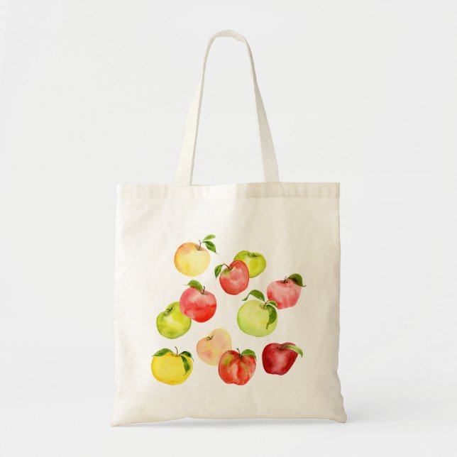Bolsa Tote Ilustração verde de maçã vermelha aquarela outono (Frente)