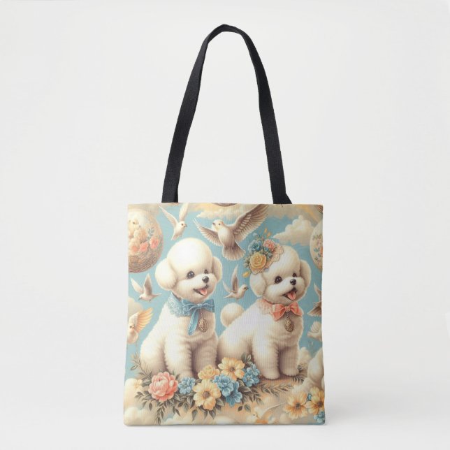 Bolsa Tote Ilustração Vintage Cute Bichon Frisé (Frente)