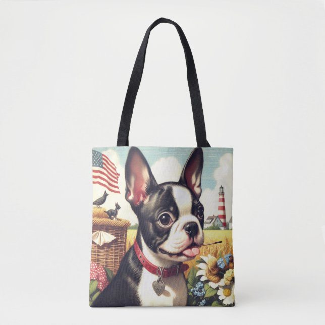 Bolsa Tote Ilustração Vintage de Boston Terrier (Frente)