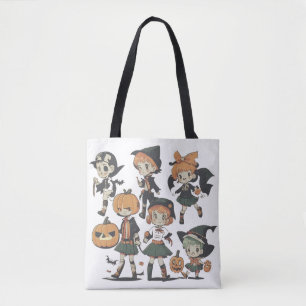 Bolsa Tote Ilustração Vintage de Crianças de Halloween Vestid