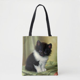 Bolsa Tote Ilustração Vintage Tuxedo Kitten