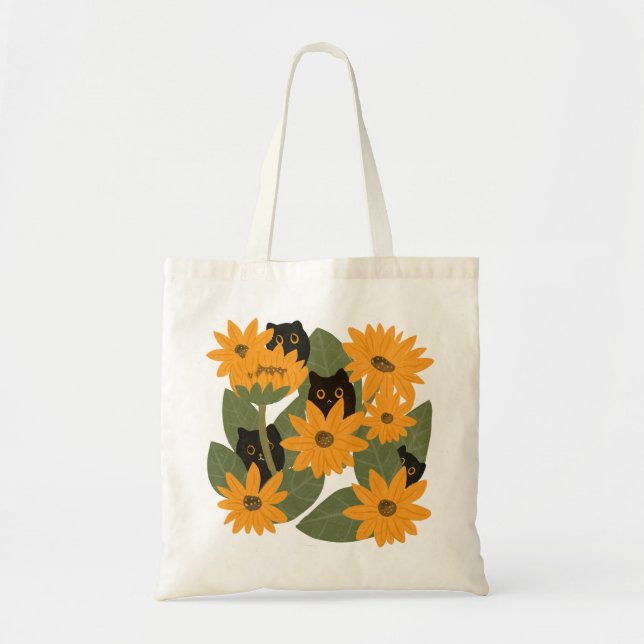 Bolsa Tote Ilustração Whimsical Black Cat e Sunflower (Frente)