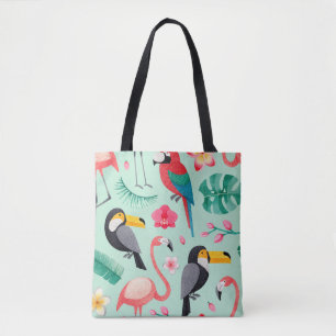 Bolsa Tote Ilustrações em aquarela de aves, flores tropicai