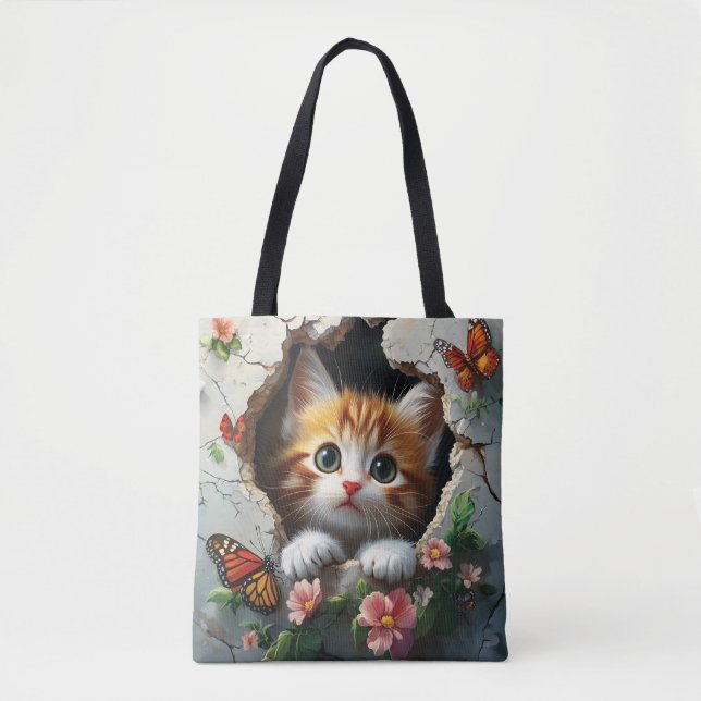 Bolsa Tote Imagem 3D de um gatinho fofo espiando (Frente)