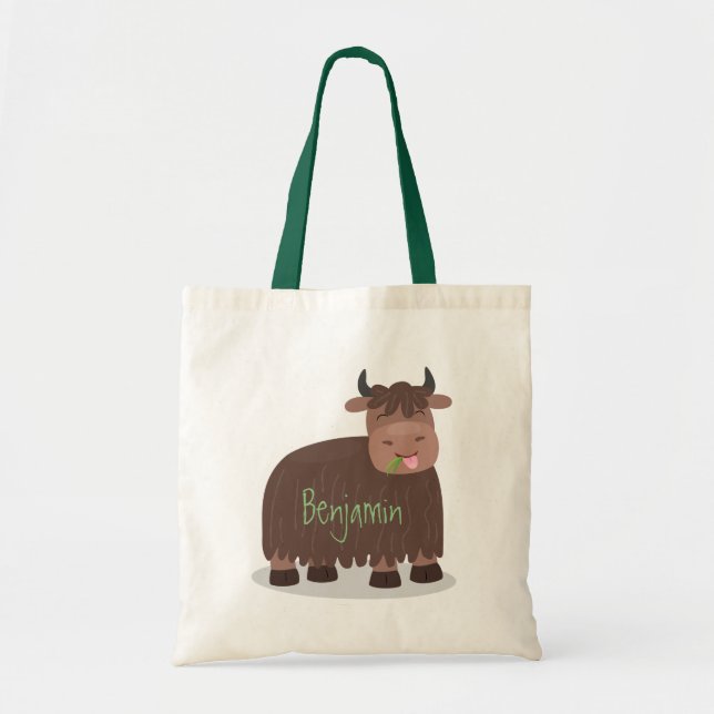 Bolsa Tote Imagem animada de relva feliz comendo iaque engraç (Frente)