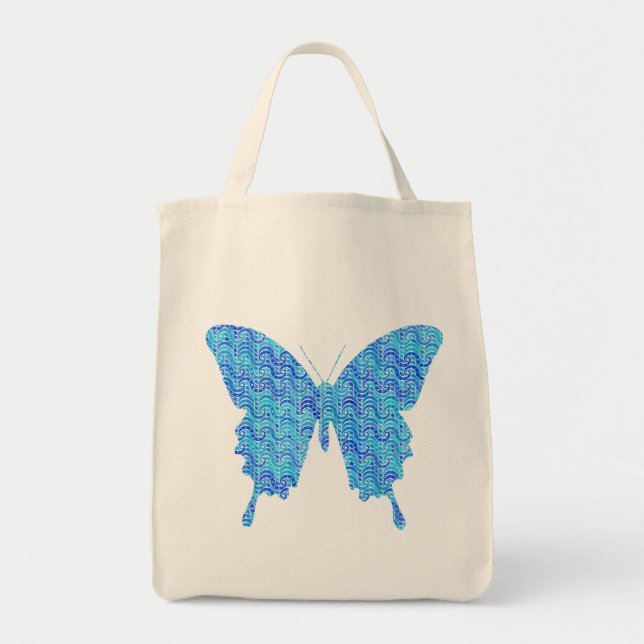Bolsa Tote Imagem de borboleta, padrão de abstrato, tons azui (Frente)