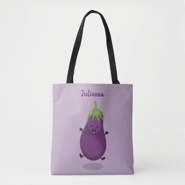 Bolsa Tote Imagem de desenho animado de beringela doce e feli (Frente)