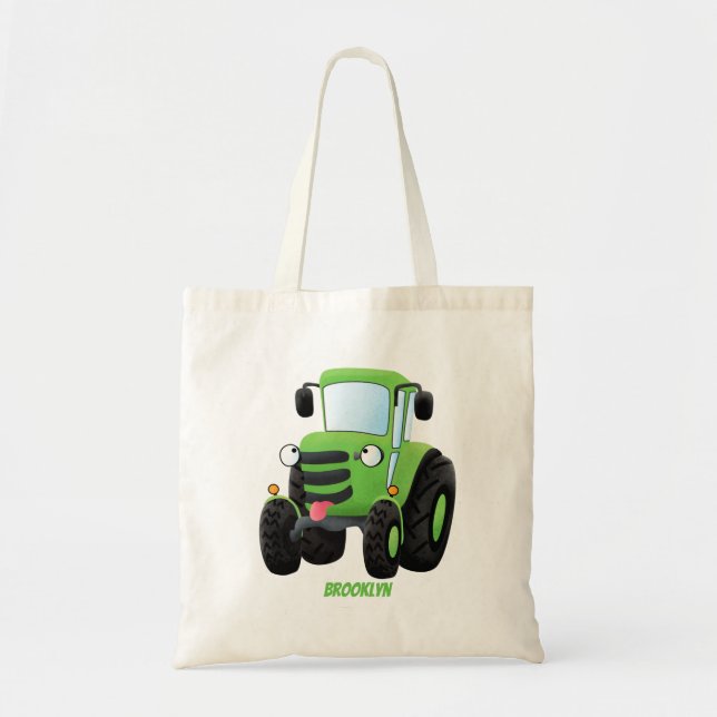 Bolsa Tote Imagem de desenho animado de trator fazenda verde- (Frente)