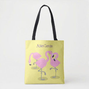 Bolsa Tote Imagem de desenho animado rosa-claro flamingo trio
