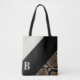Bolsa Tote Imagem de Snakeskin Preta e Monograma de Creme