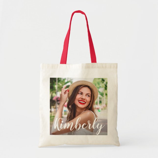 Bolsa Tote imagem e nome personalizados do script de tendênci (Frente)