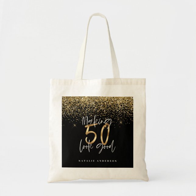 Bolsa Tote Imagem moderna de 50º aniversário de brilho dourad (Frente)
