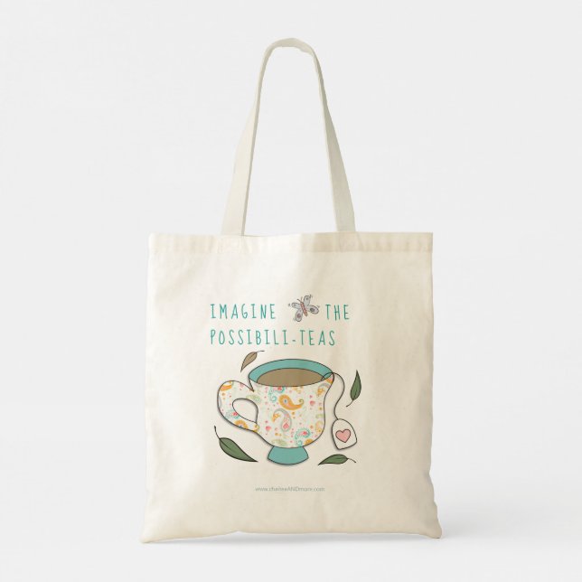 Bolsa Tote Imagine as possibilidades que o Tea Puns Compra o  (Verso)