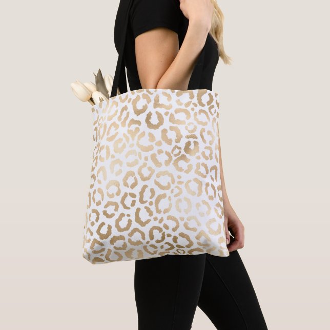 Bolsa Tote Impressão Animal Leopardo Branco Dourado Elegante  (Close Up)