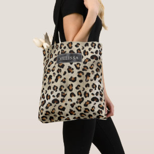 Bolsa Tote Impressão Animal Leopardo Com Folha Falsa Preta E
