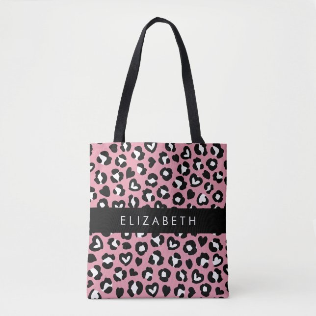 Bolsa Tote Impressão Animal, Leopardo Rosa, Corações, Seu Nom (Frente)