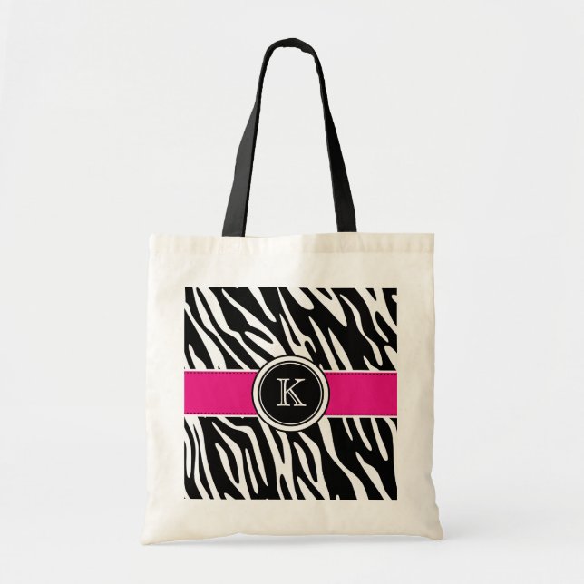 Bolsa Tote Impressão da zebra do monograma com sacola (Frente)