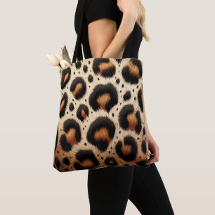 Bolsa Tote Impressão de Animais em Pelos de Leopardo Bege e P