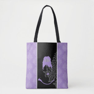 Bolsa Tote Impressão de damasco roxo e preto