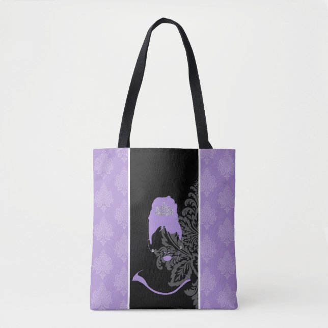 Bolsa Tote Impressão de damasco roxo e preto (Frente)